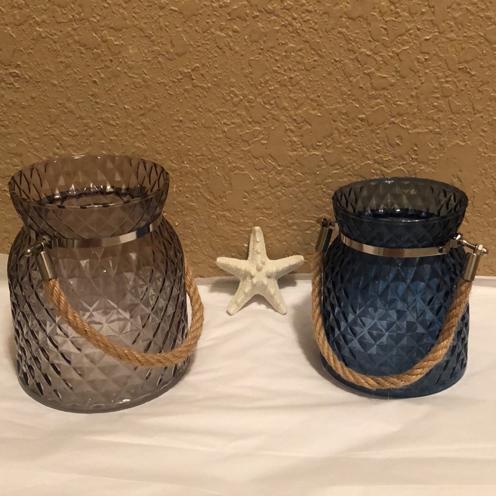 NWOT Grand Harbor Glass Lantern duos. Large is gray. Small is blue. Beveled cut